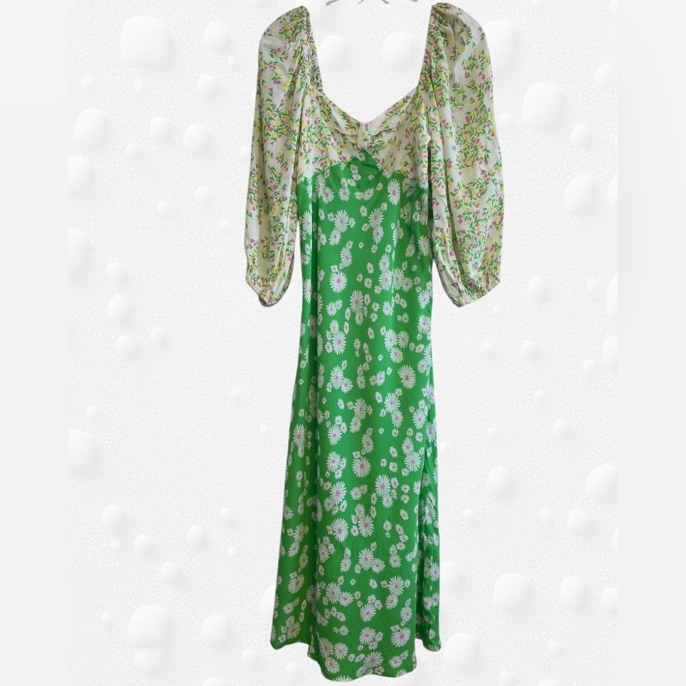 RIXO Green and White Floral Puff Sleeve Dress Size 4